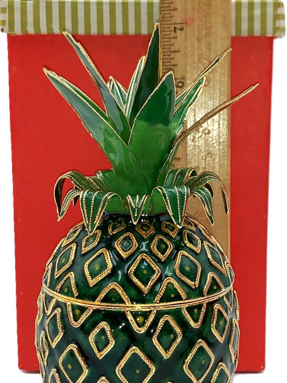 Large 7" PINEAPPLE Cloisonne Enamel Candy Trinket Box Jar Original Box Vintage - Picture 9 of 11